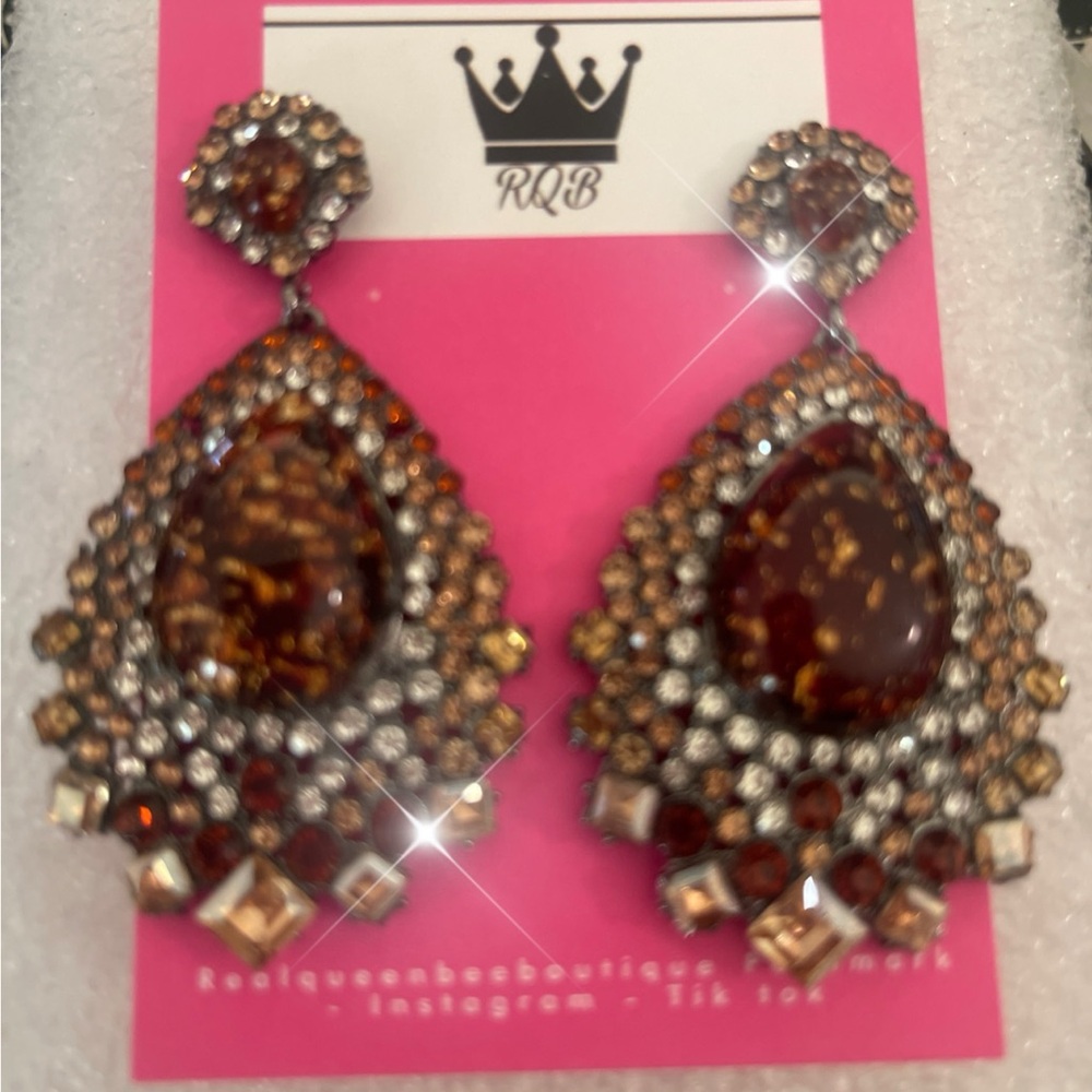 Gold and Brown Teardrop Chandelier Earrings